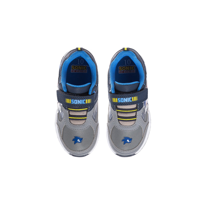 Pair of grey and blue toddler light-up sneakers with blue tongue and Sonic lettering.