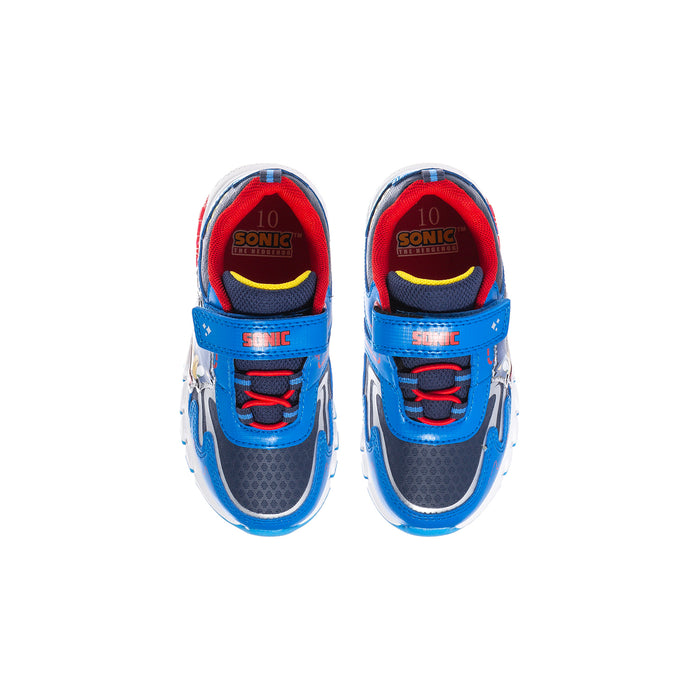 Pair of toddler light-up sneakers, blue with red interiors and Sonic logo on tongue.