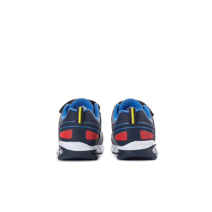 Toddler light-up sneakers in grey and blue with red heel tabs and white sole.