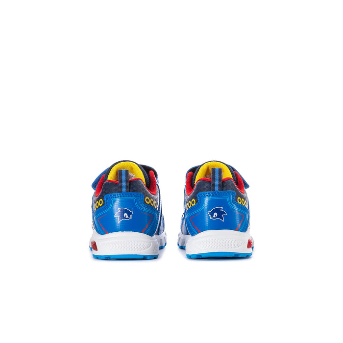 Toddler light-up sneakers, blue with red heel tabs and Sonic branding at back.
