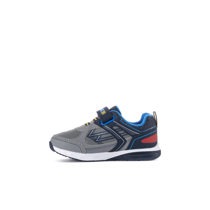 Grey/blue toddler light-up sneakers with side lightning detail and hook-and-loop strap.