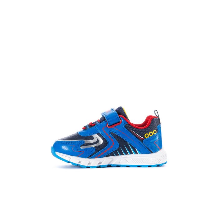 Toddler light-up sneakers, blue with red laces and hook-and-loop strap closure.
