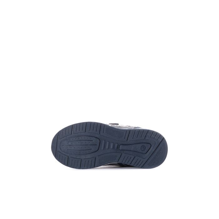 Toddler light-up sneaker outsole tread in blue and grey, view from bottom.