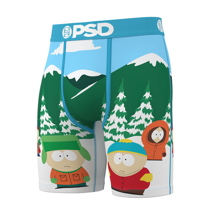 Men's boxer briefs with winter forest scene and cartoon characters on a blue background