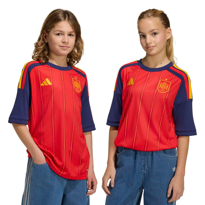 Youth football jersey red and navy, front logos and yellow shoulder stripes