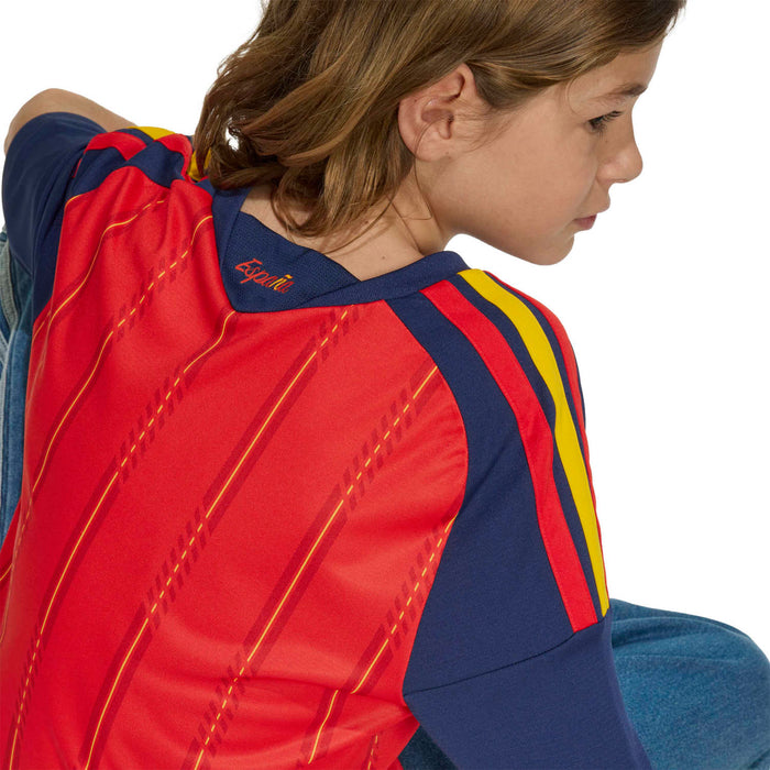 Youth football jersey collar and shoulders, red knit with navy trim and yellow stripes