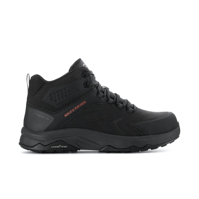 Men's black composite-toe hiking boot with lace-up closure and padded collar.