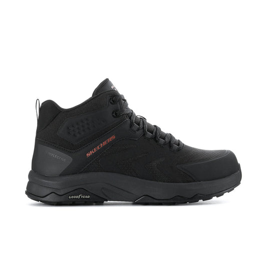 Men's black composite-toe hiking boot with lace-up closure and padded collar.