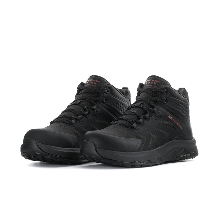 Men's black composite-toe hiking boot, side-by-side front view with chunky tread sole.