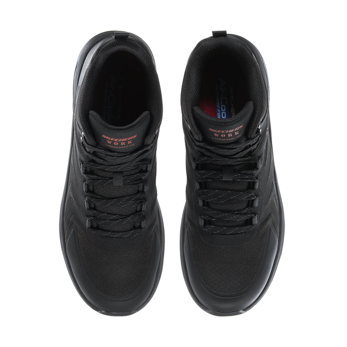 Men's black composite-toe hiking boot, pair view with padded tongue and lace eyelets.