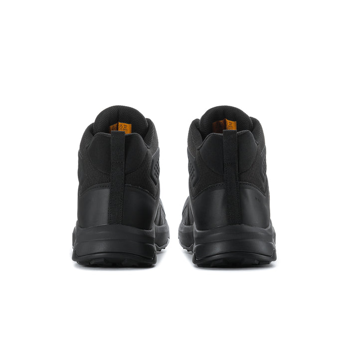 Men's black composite-toe hiking boot, heel and collar back view with pull tab.