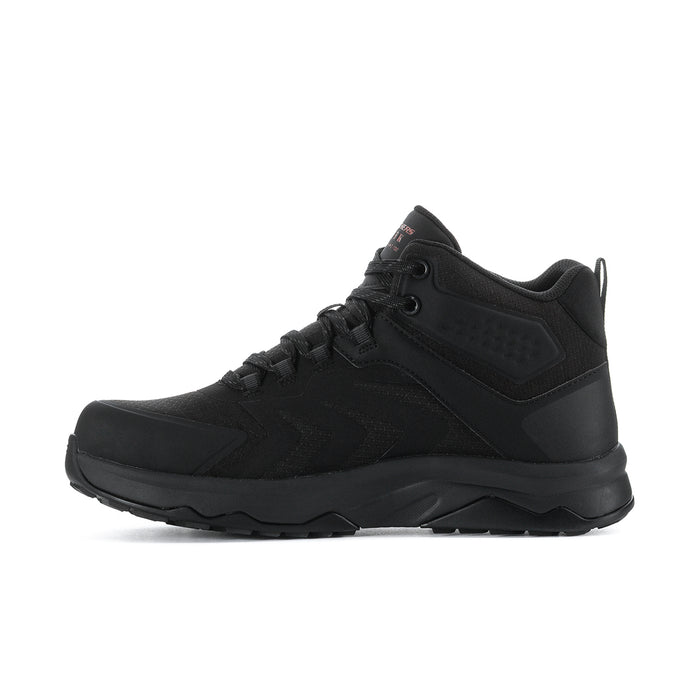 Men's black composite-toe hiking boot, angled side view with stitched panel details.