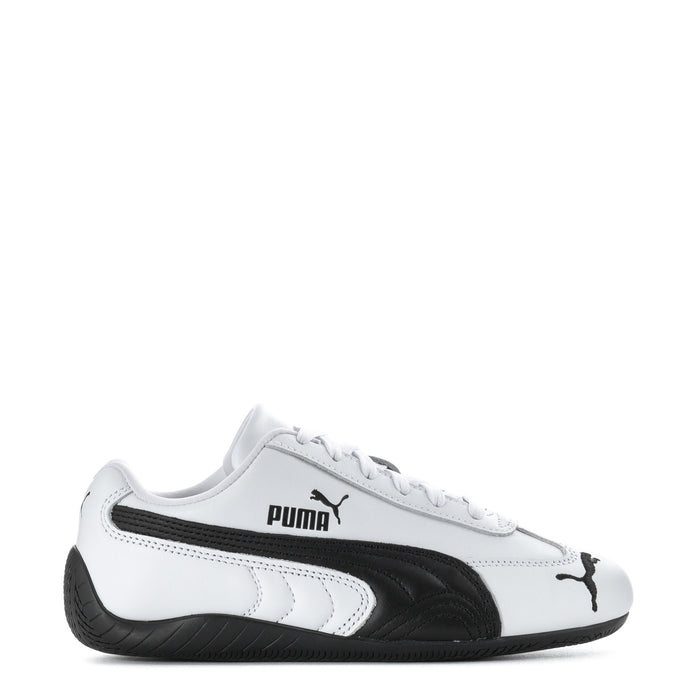 White and black women's leather sneakers with Puma logo and lace-up front