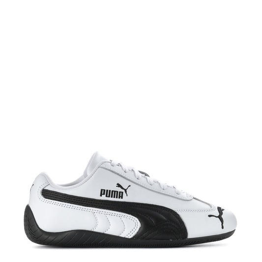 White and black women's leather sneakers with Puma logo and lace-up front