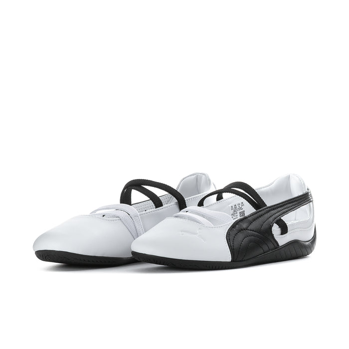 Pair of Speedcat womens ballet flats in white leather with black ankle strap