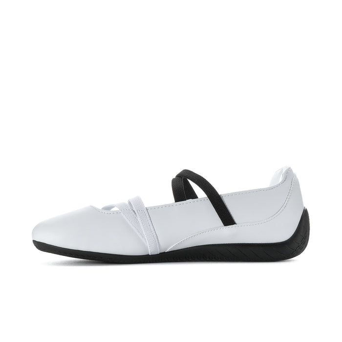 Speedcat womens ballet flats in white leather with black strap and rubber sole