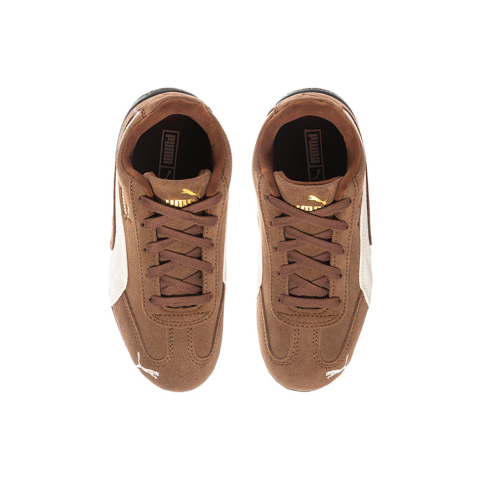 Kids brown and white sneakers, lace-up front view with visible inner lining
