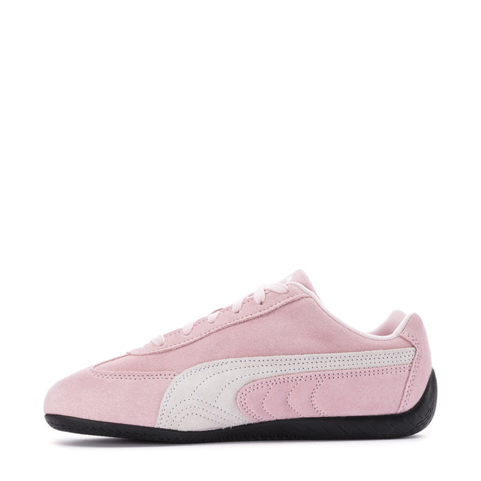 Women's pink and white Puma Speedcat OG suede sneakers, side view, lace-up