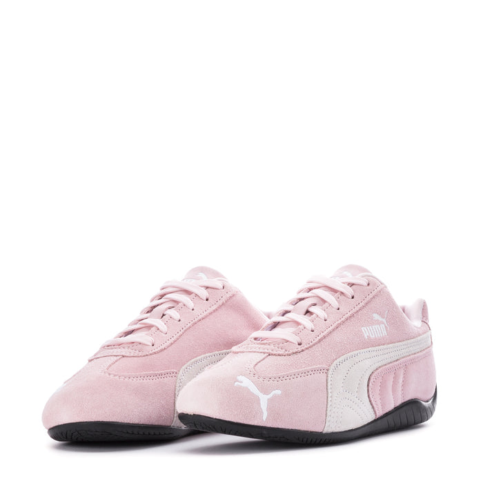 Women's pink Puma Speedcat OG suede sneakers, front pair with white laces