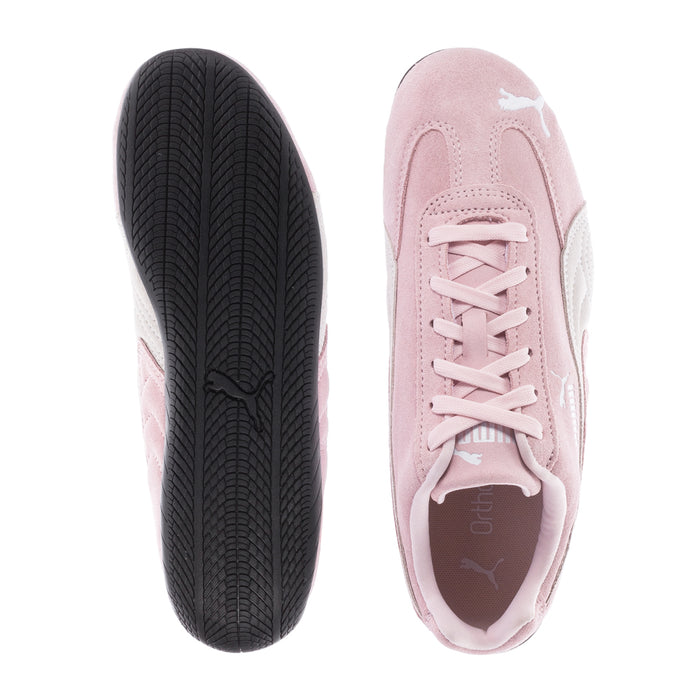 Women's pink Puma Speedcat OG suede sneakers, black outsole and heel view