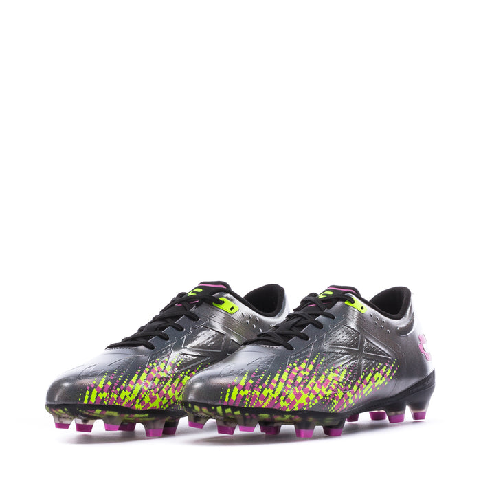 Men's football cleats, front 3/4 view, dark gray with neon lime/pink pattern and purple studs