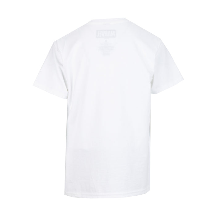 White toddler T-shirt with plain back and faint Marvel logo at neckline
