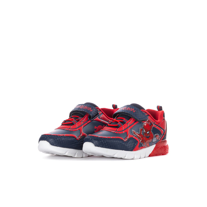 Kids Spider-Man sneakers, side angle, blue and red with web graphics and chunky sole