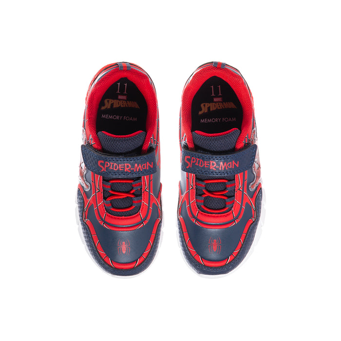 Kids Spider-Man sneakers, pair front view, red and blue uppers with Memory Foam label