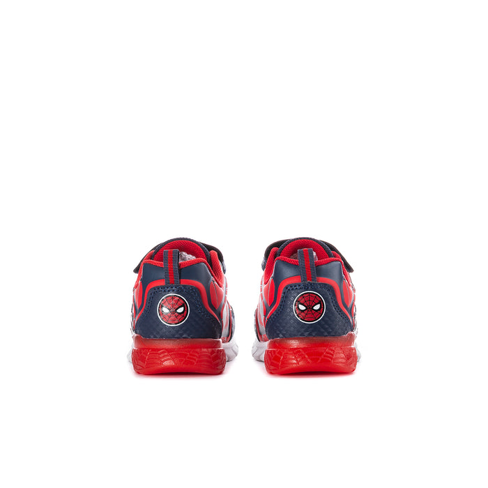 Kids Spider-Man sneakers, back view, red heel with blue panels and web graphics