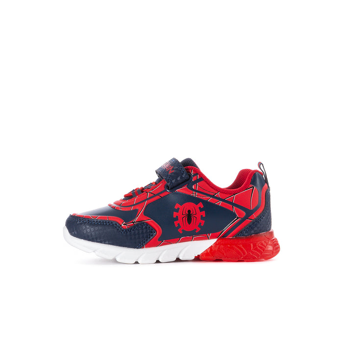 Kids Spider-Man sneakers, angled side view, blue and red with Spider-Man emblem