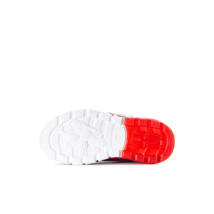 Kids Spider-Man sneakers outsole view, white tread with red traction section