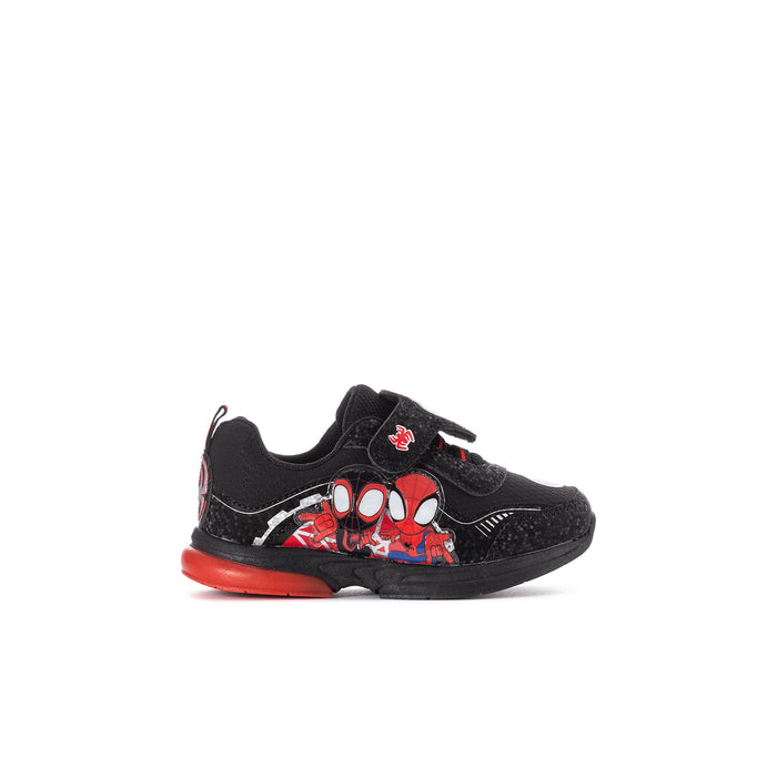 Toddler light-up sneaker in black with red Spider-themed graphics and side accents