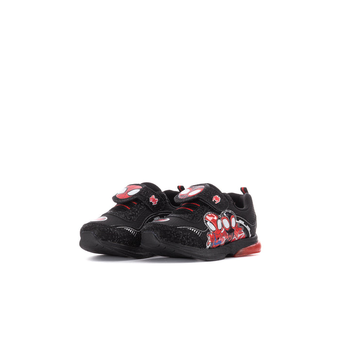 Toddler light-up sneaker, black with red Spider web character print and hook-and-loop straps