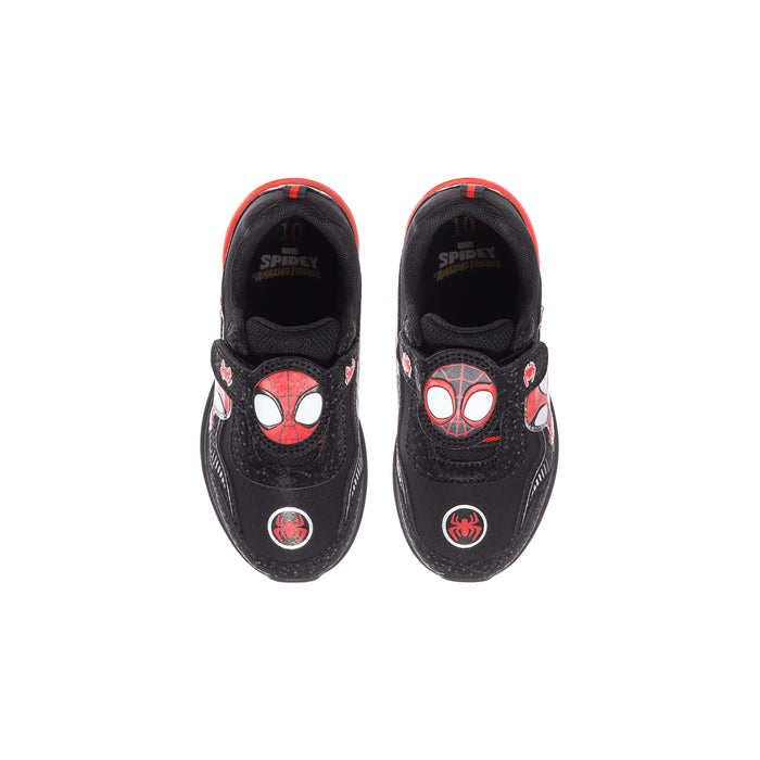 Toddler black sneaker with Spider eye print on toe and small Spider emblem on side