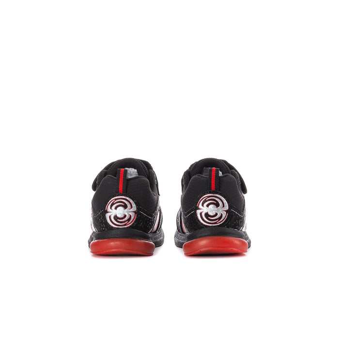Toddler black sneaker with red pull-loop heel detail and swirl design on back