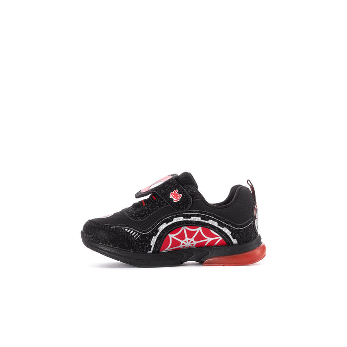 Toddler black light-up sneaker with Spider web logo on side and red accent trim