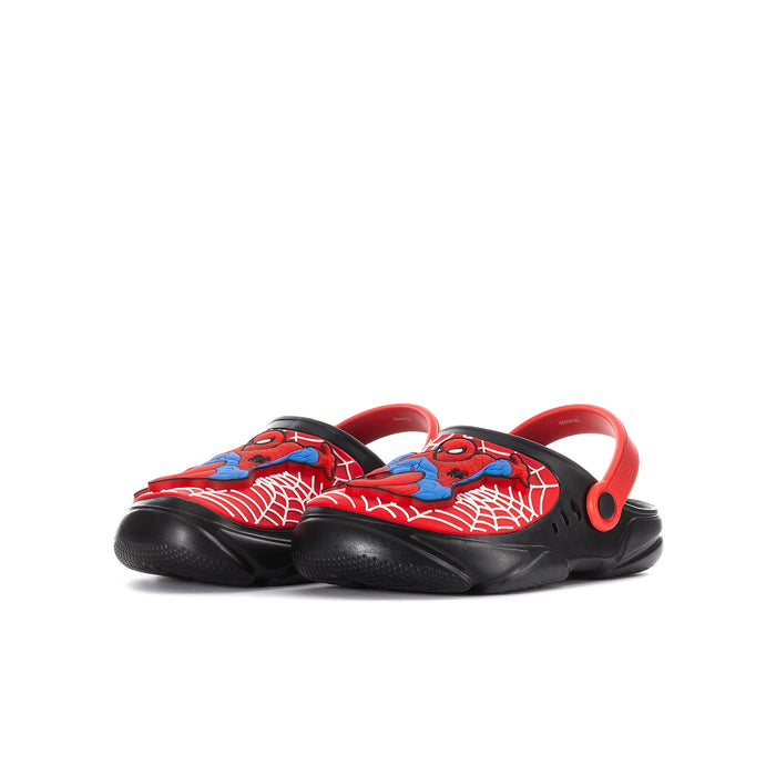 Kids red and black light-up clog shoes, side view with Spider web character print