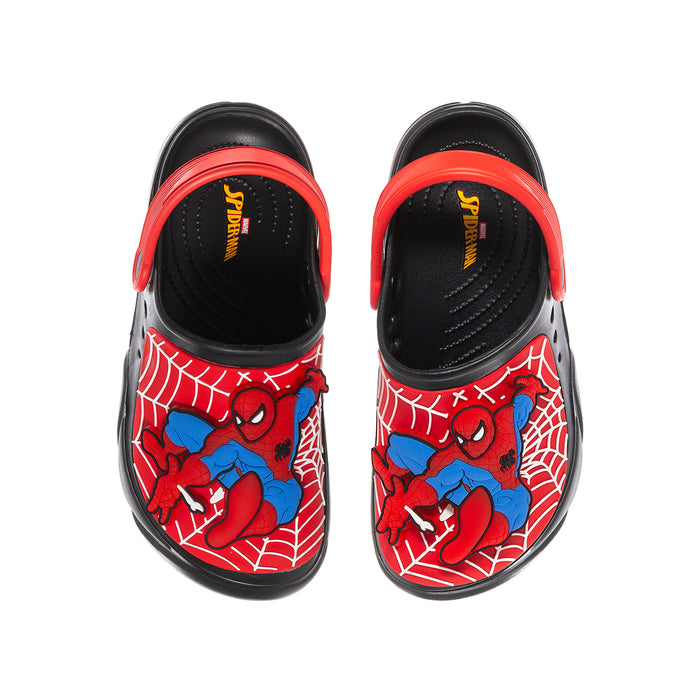 Pair of kids red and black clog shoes with Spider web character print and yellow logo