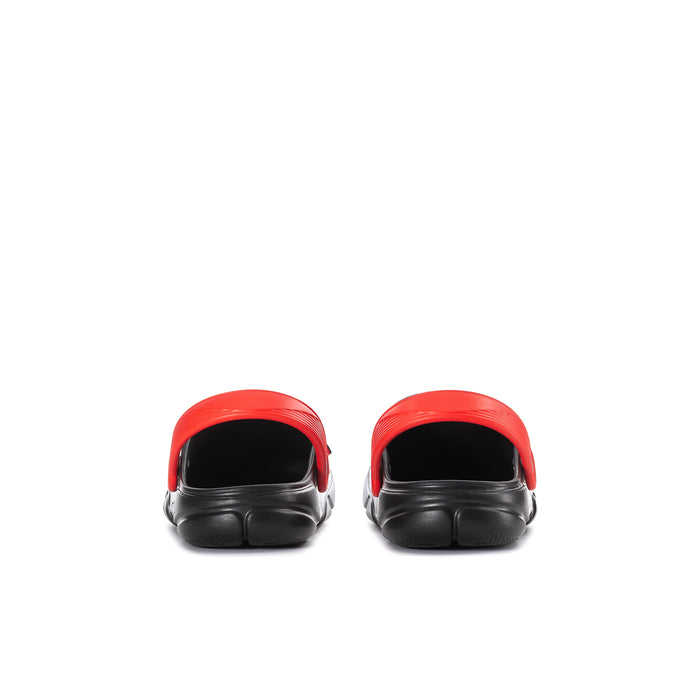 Kids red and black clog shoes, back view with black heel and red rear strap