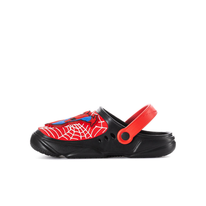 Kids red and black clog shoes with Spider web character print on the front