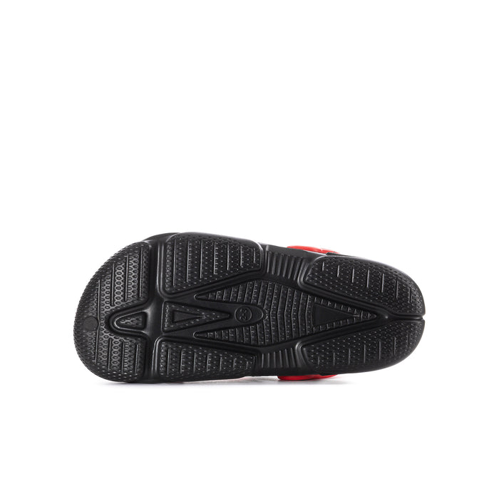 Kids red and black light-up clog shoe outsole with tread pattern