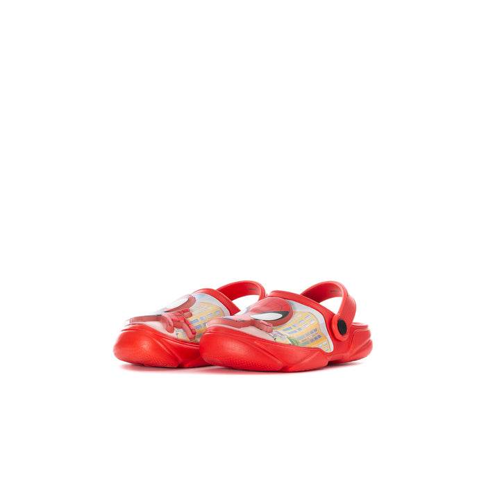 Toddler red Spiderman clogs, side view with colorful superhero-style print