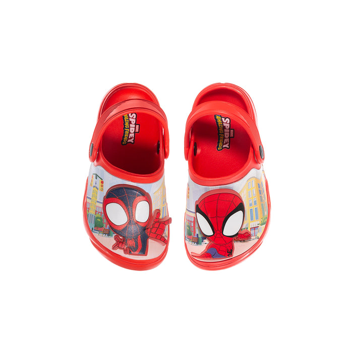 Toddler red Spiderman clogs, pair view showing character graphics on top