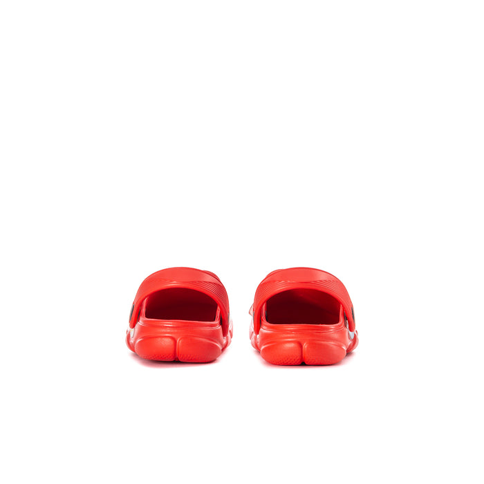 Toddler red Spiderman clogs shown from the heel, rounded back design