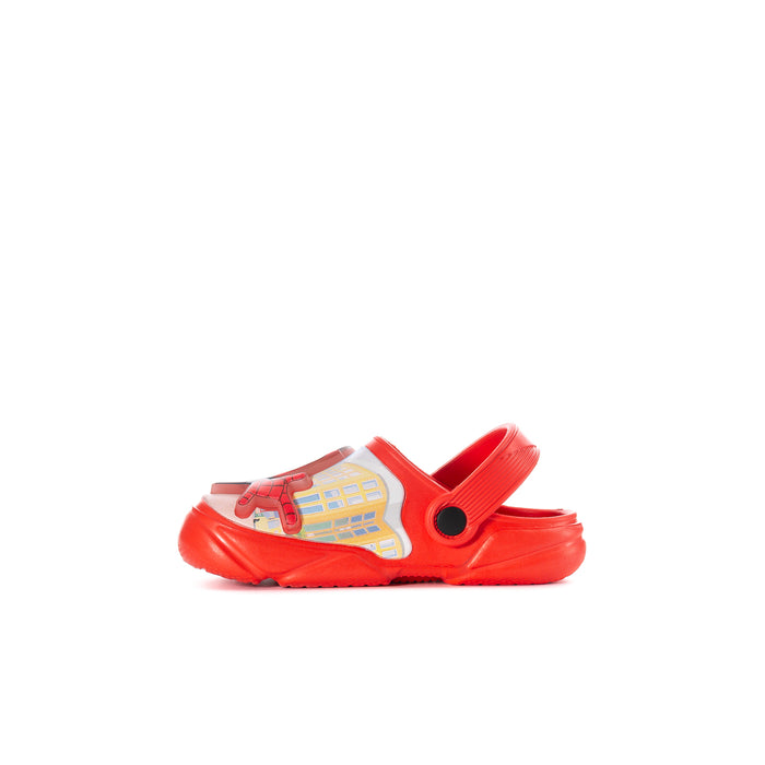 Toddler red Spiderman clogs, front-side view with molded toe and side strap