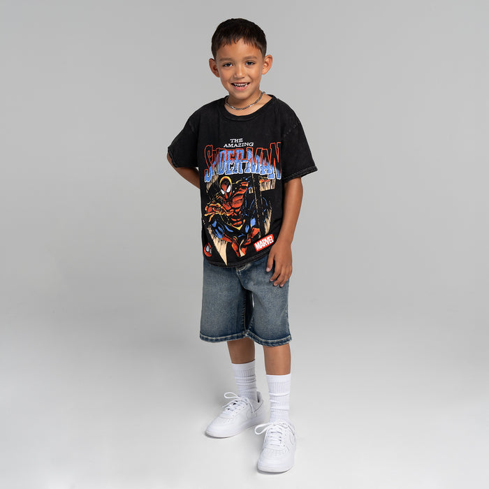 Youth black mineral wash T-shirt with centered Spider-Man comic-style artwork