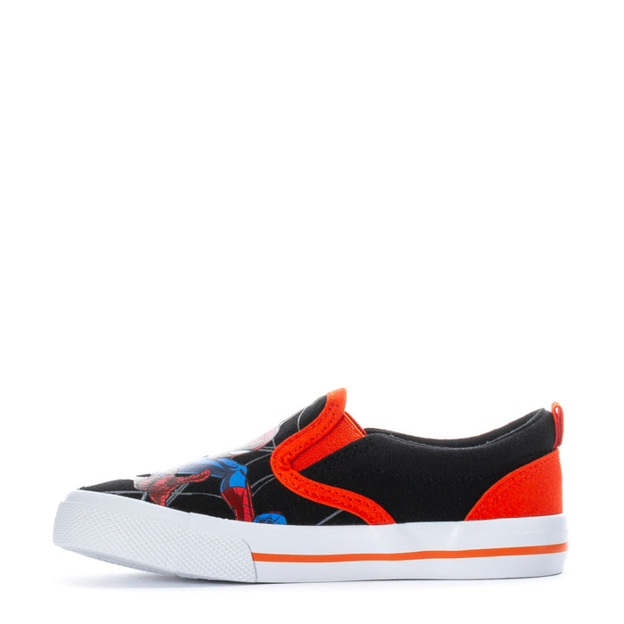 Toddler slip-on sneakers with black upper, red edging, Spider-Man print, white sole