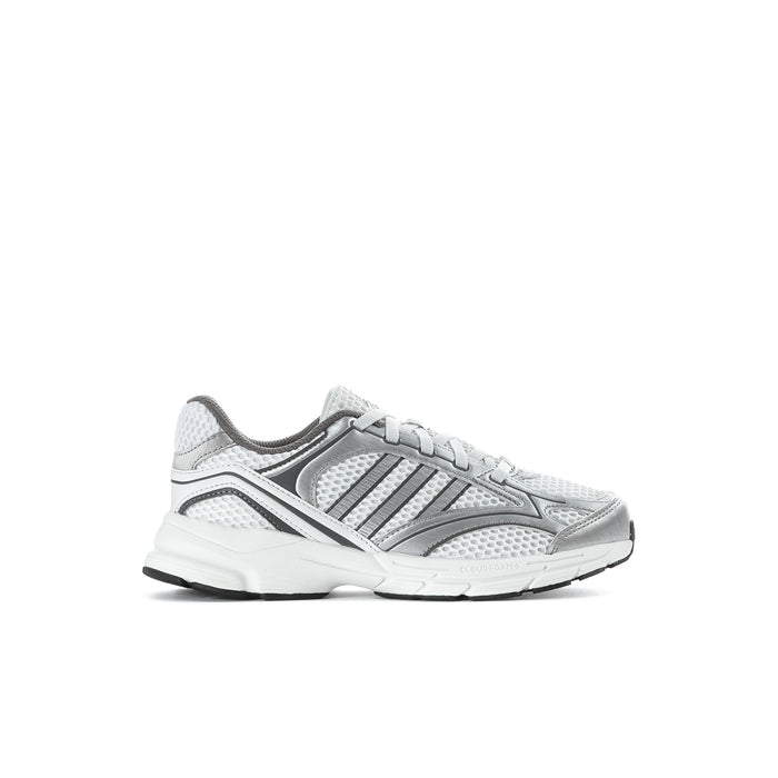 Grey kids running sneakers with three-bar side stripes and lace-up front