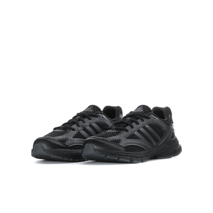 Youth black running sneakers, pair view, lace-up with cushioned tongue