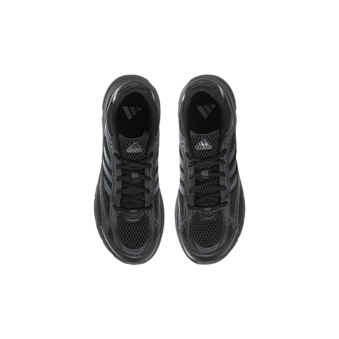 Youth black sneakers, top view with round toe and lace eyelets